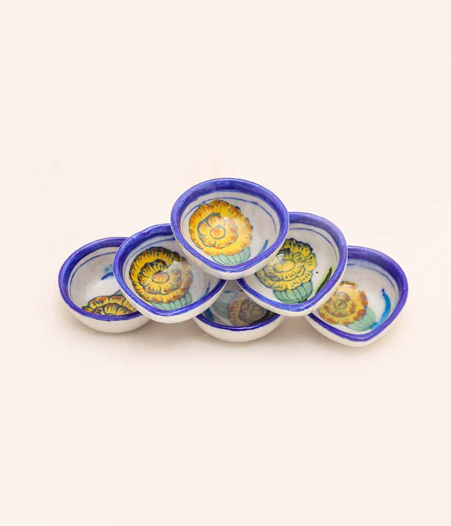 Blue Pottery Traditional Yellow Flower Design Diya - Set of 6 - Image 2