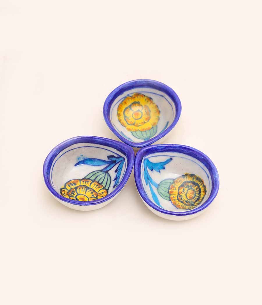 Blue Pottery Traditional Yellow Flower Design Diya - Set of 6 - Image 3