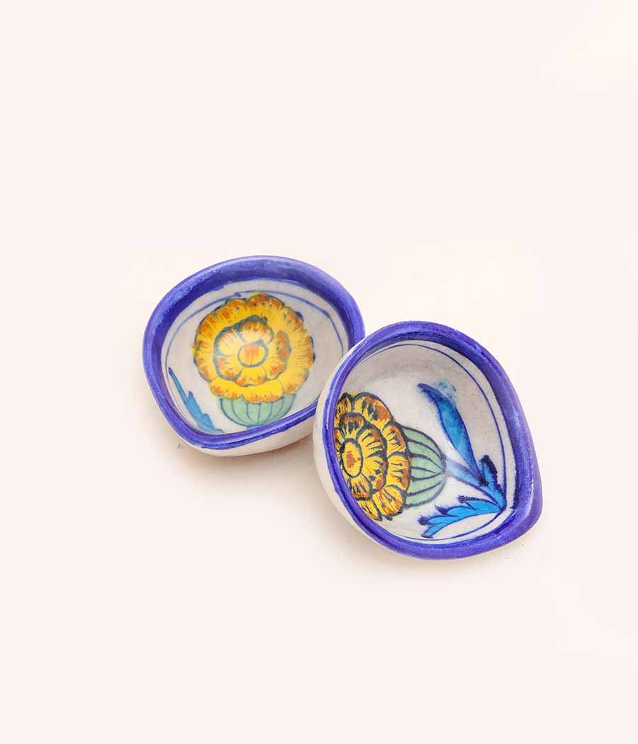 Blue Pottery Traditional Yellow Flower Design Diya - Set of 6 - Image 5