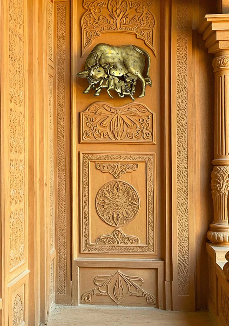 Antique Brass Kamdhenu with Calf Wall Hanging - Image 3