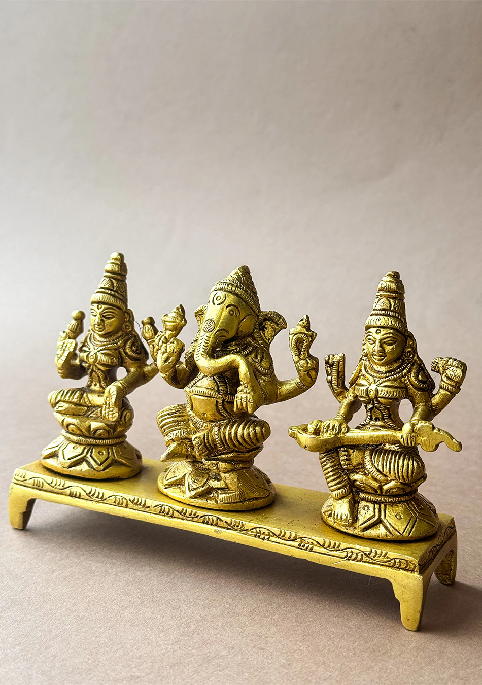 Antique Brass Lakshmi Ganesha Saraswati Trio - Image 9