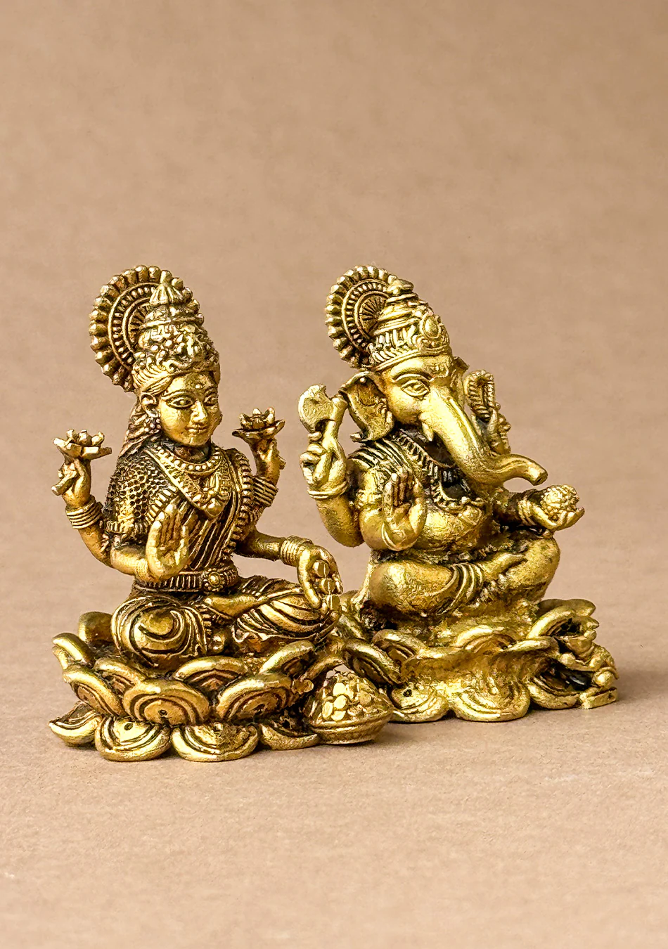 Antique Brass Lotus Base Lakshmi Ganesha Pair - Image 2