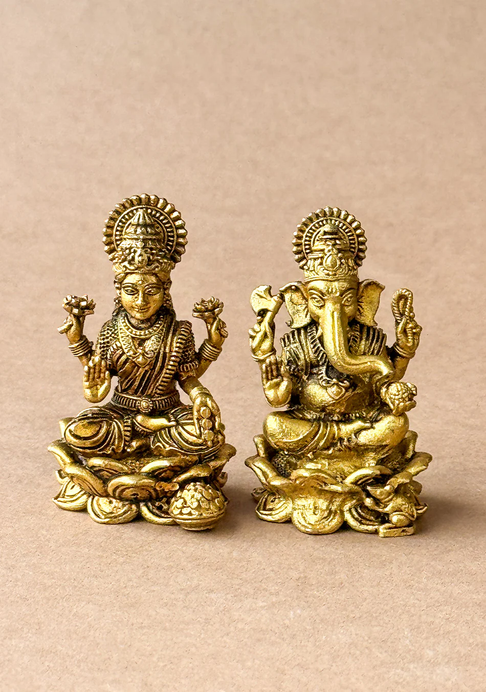Antique Brass Lotus Base Lakshmi Ganesha Pair - Image 3