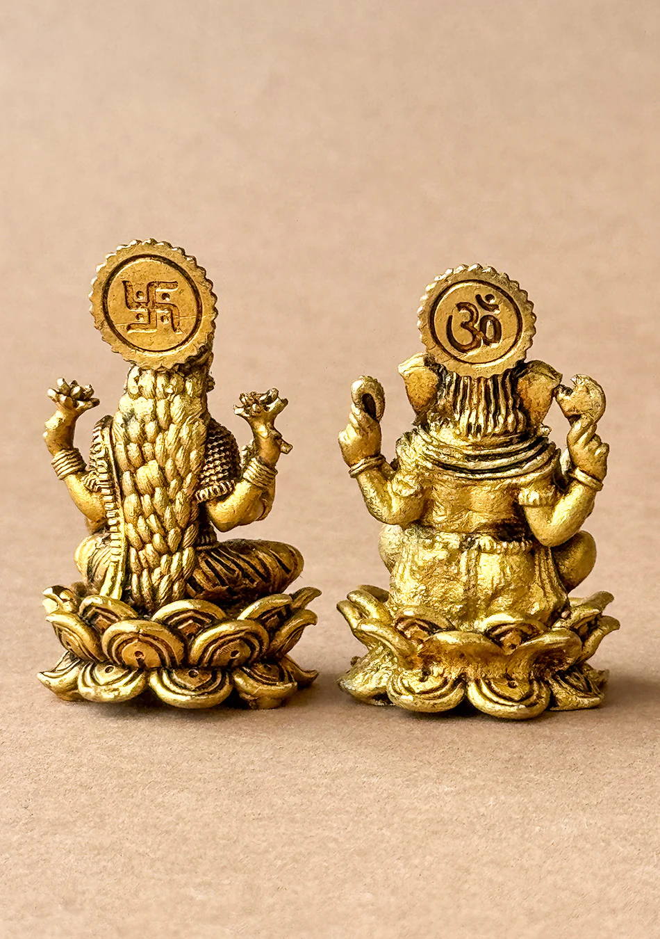 Antique Brass Lotus Base Lakshmi Ganesha Pair - Image 4