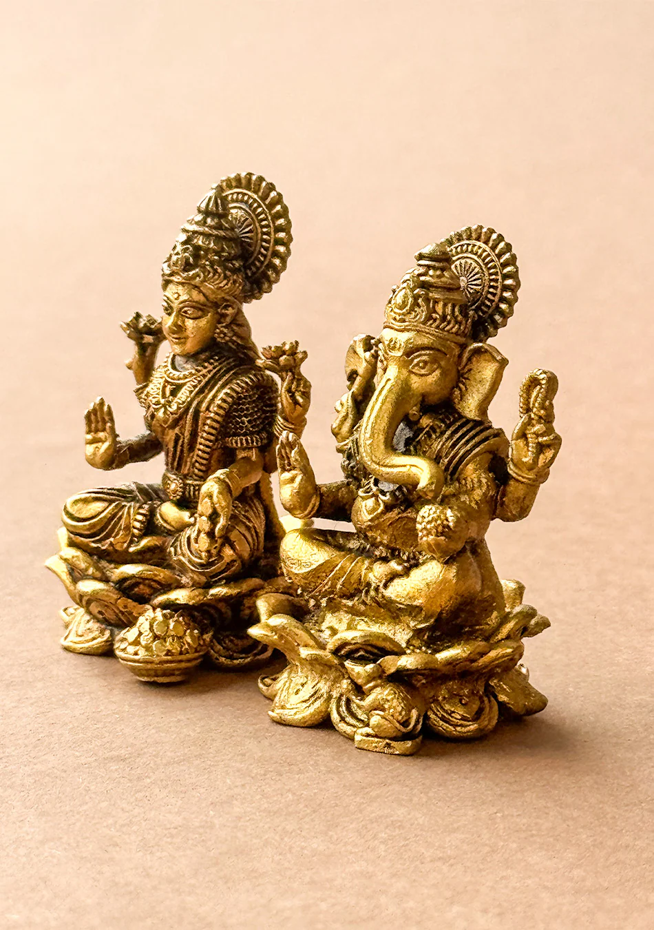 Antique Brass Lotus Base Lakshmi Ganesha Pair - Image 5