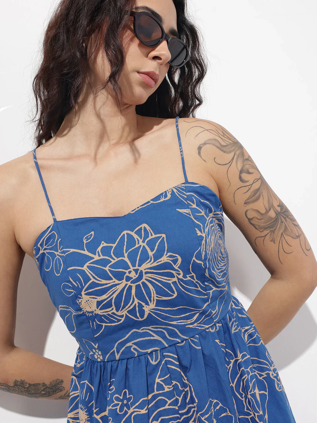 Aravalii Blue noodle strap Poplin Cotton Midi Dress - Image 2