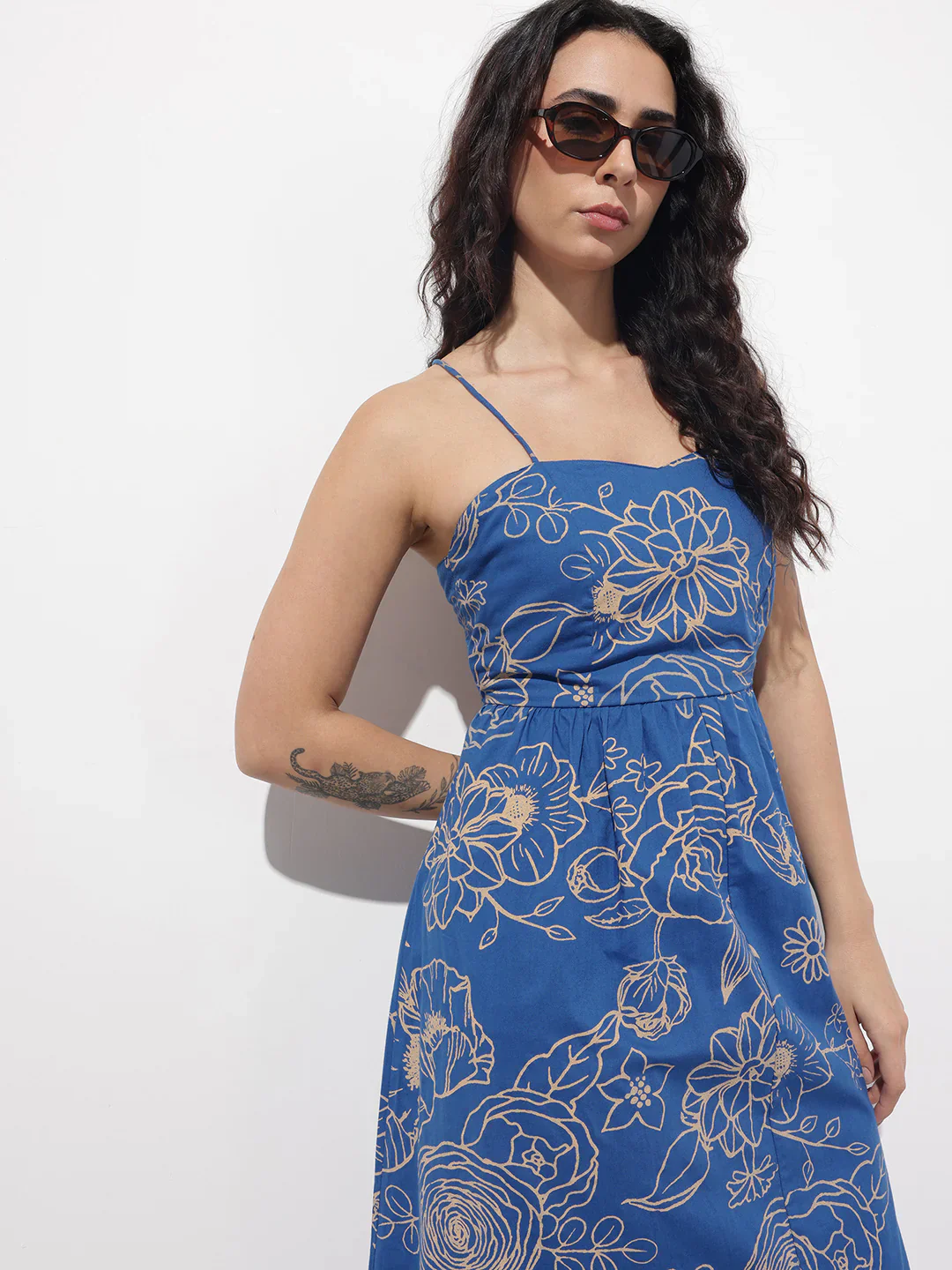 Aravalii Blue noodle strap Poplin Cotton Midi Dress - Image 3