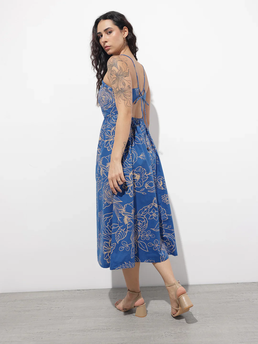 Aravalii Blue noodle strap Poplin Cotton Midi Dress - Image 5