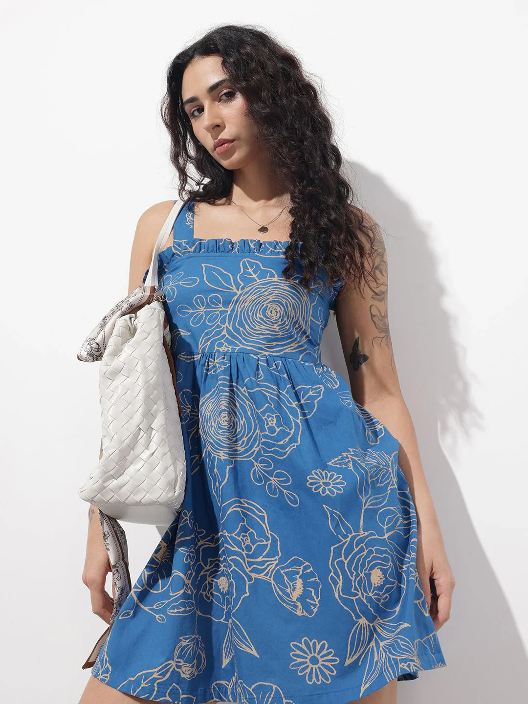 Aravalii Blue Shoulder Strap Poplin Cotton Mini Dress