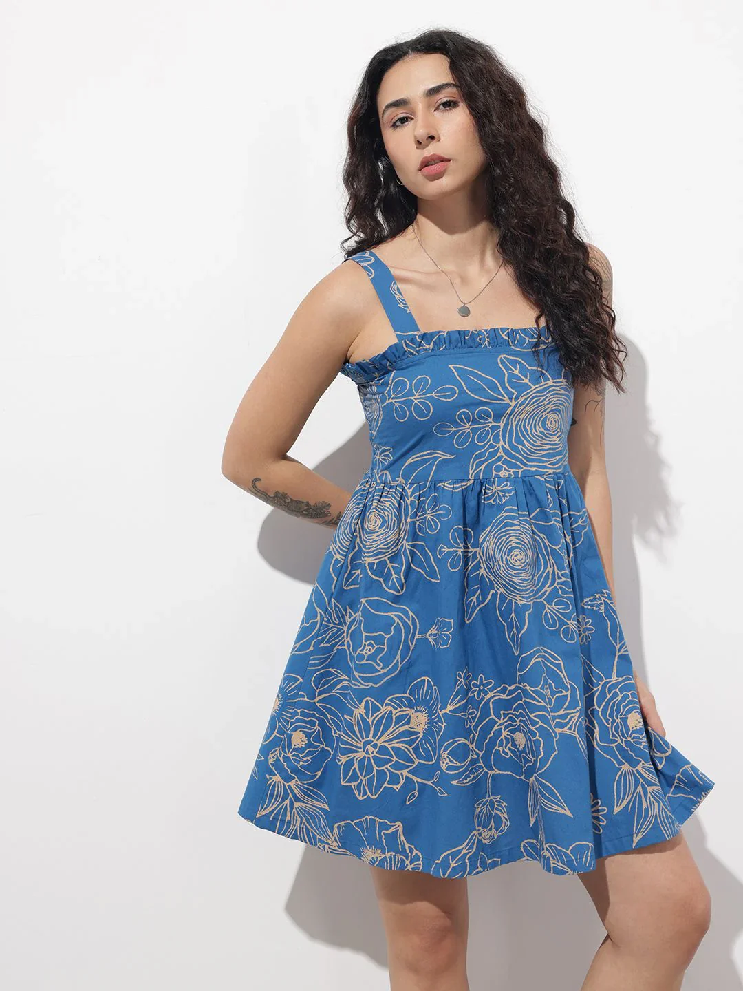 Aravalii Blue Shoulder Strap Poplin Cotton Mini Dress - Image 3