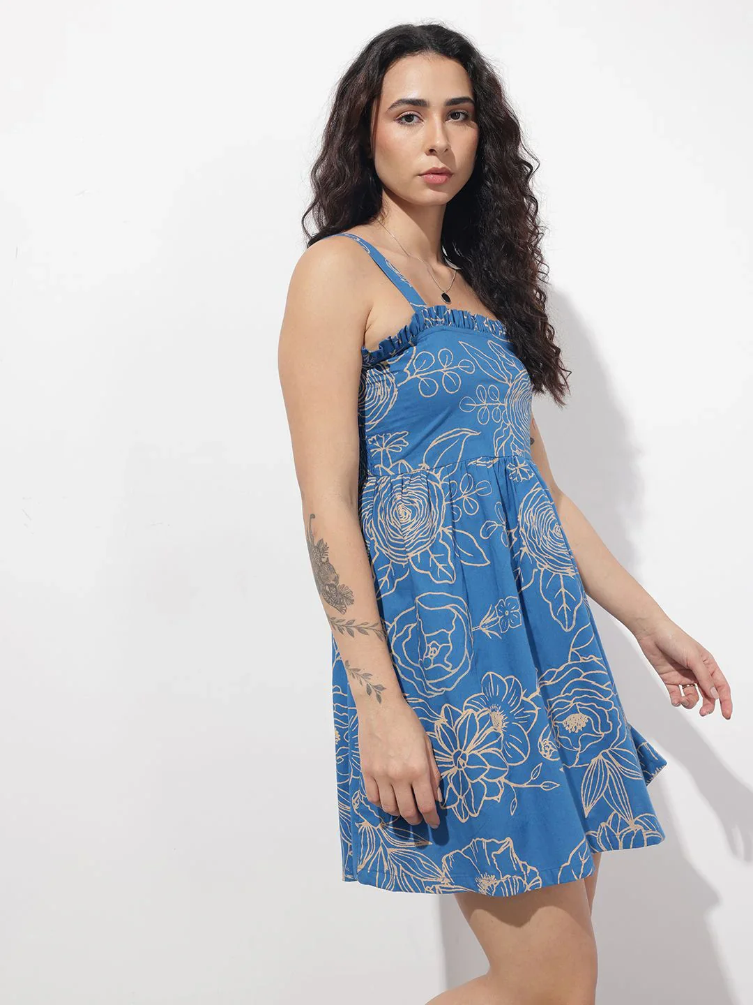 Aravalii Blue Shoulder Strap Poplin Cotton Mini Dress - Image 4