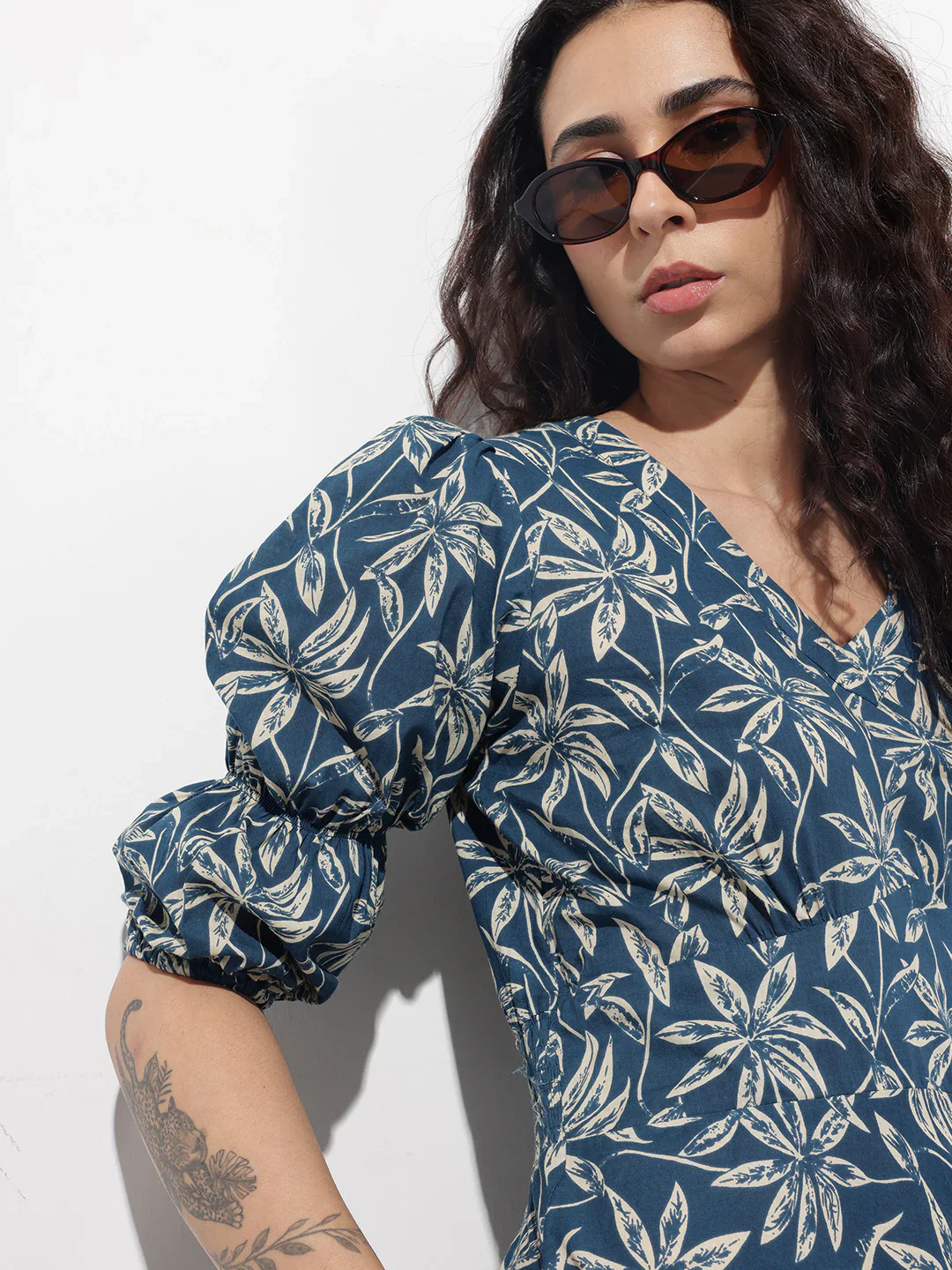 Aravalii Blue V-Neck Midi Cotton Dress - Image 3