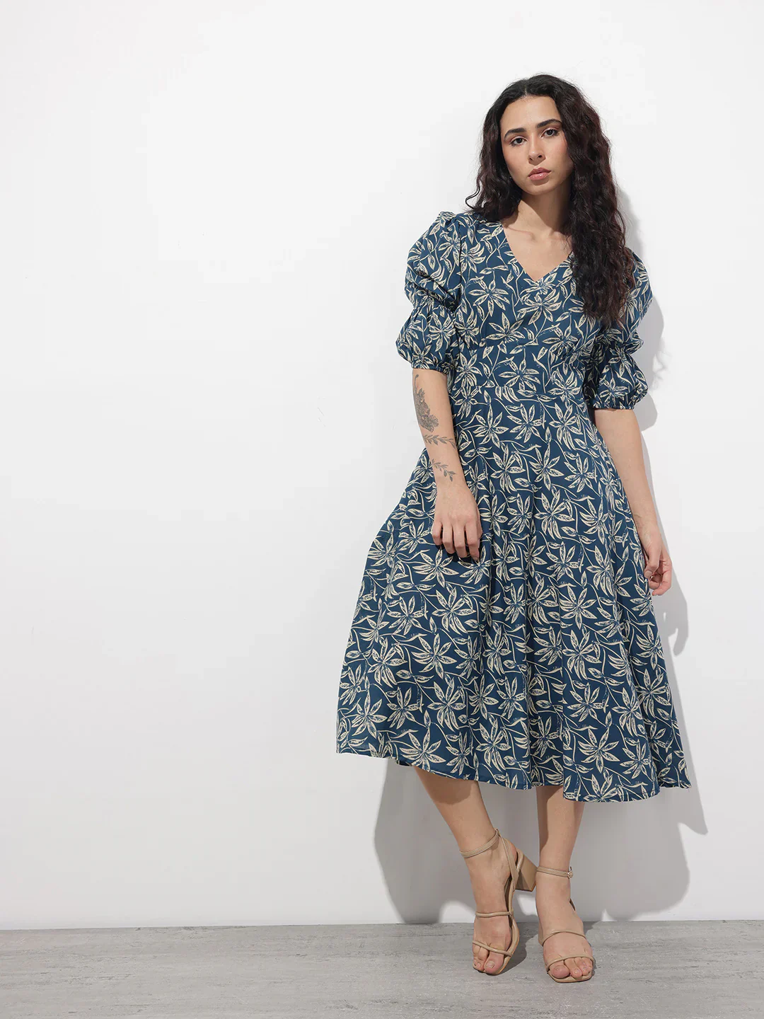 Aravalii Blue V-Neck Midi Cotton Dress - Image 6