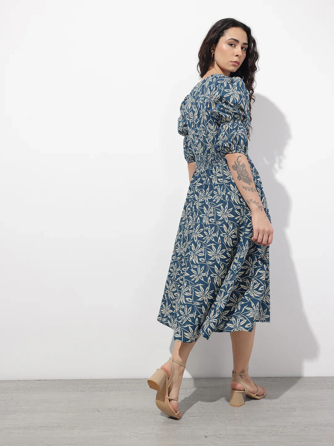 Aravalii Blue V-Neck Midi Cotton Dress - Image 8