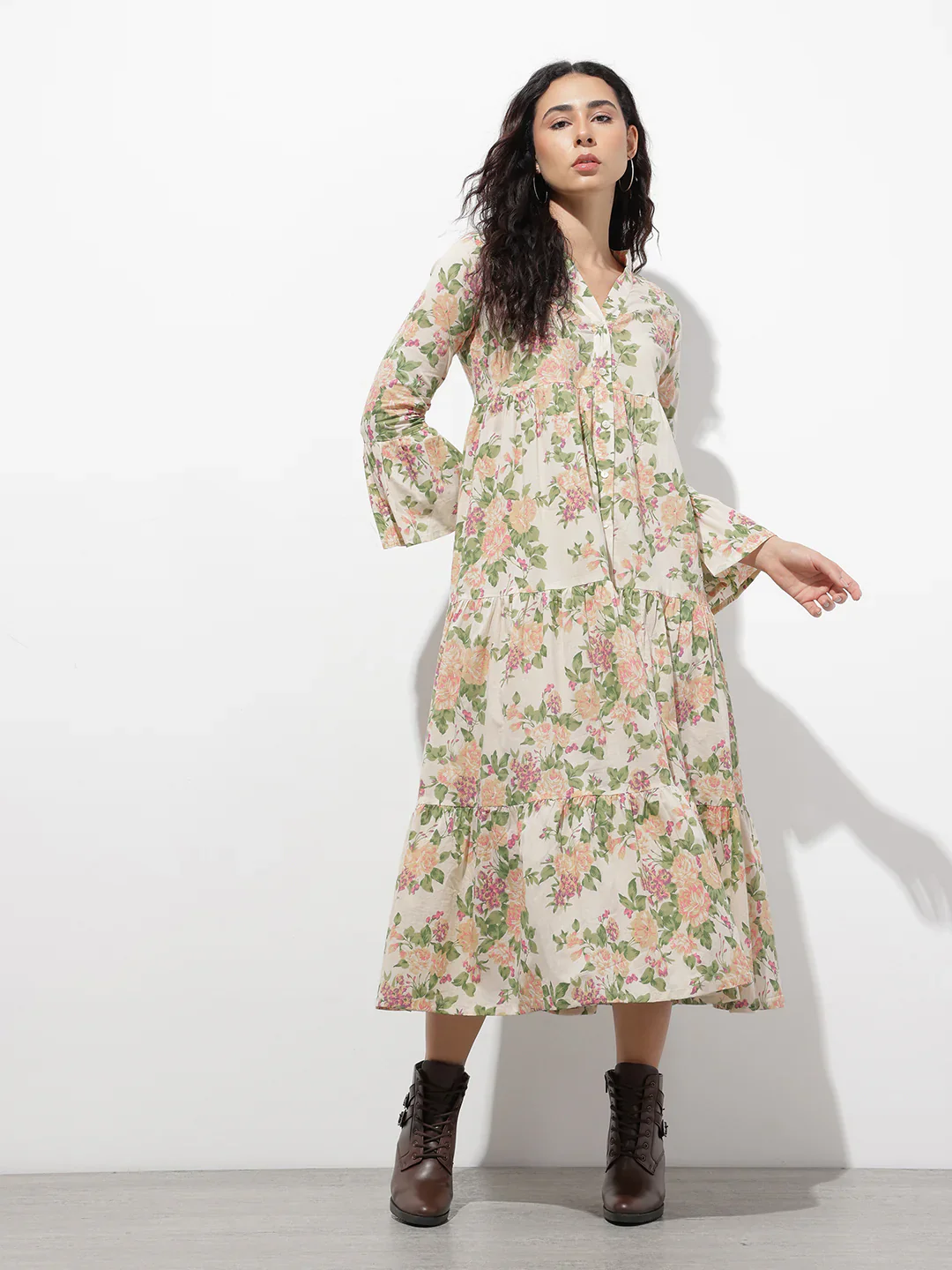 Aravalii Cream Mandarin Coller Floral Print Cotton Midi Dress