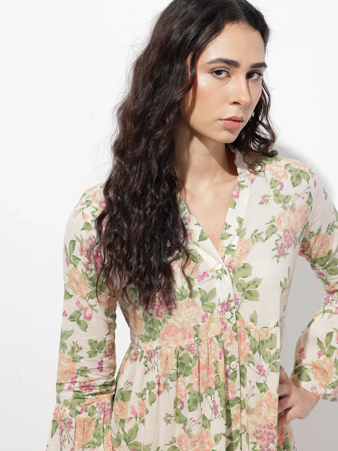 Aravalii Cream Mandarin Coller Floral Print Cotton Midi Dress - Image 2