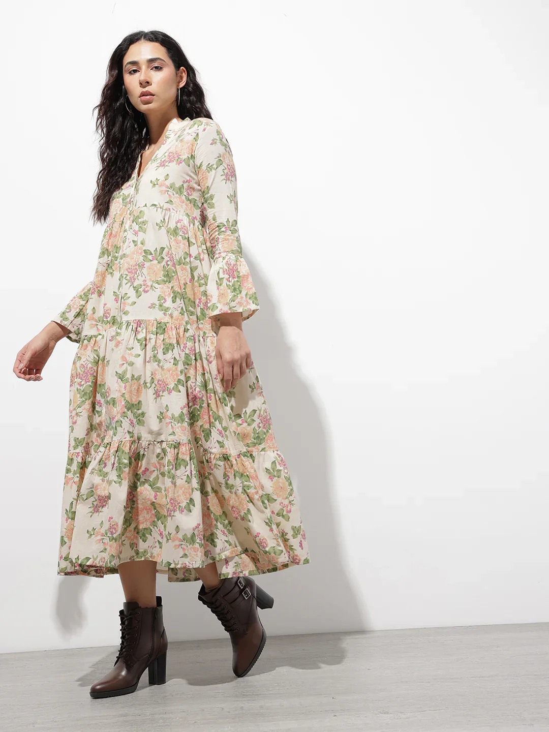 Aravalii Cream Mandarin Coller Floral Print Cotton Midi Dress - Image 3