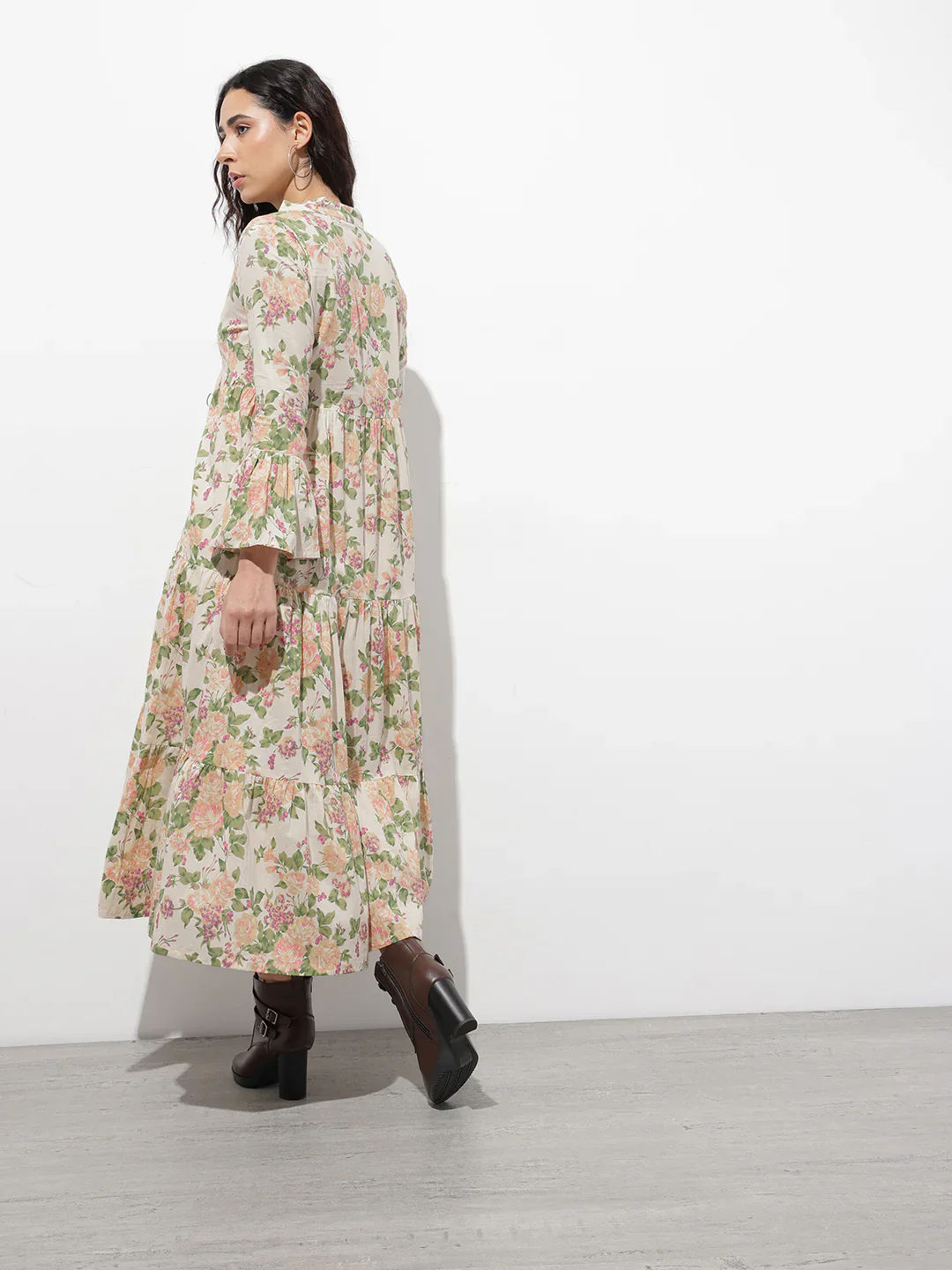 Aravalii Cream Mandarin Coller Floral Print Cotton Midi Dress - Image 4