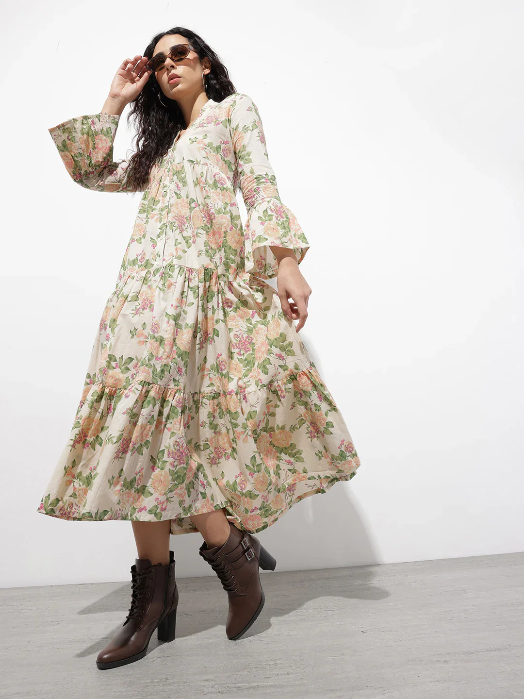 Aravalii Cream Mandarin Coller Floral Print Cotton Midi Dress - Image 5