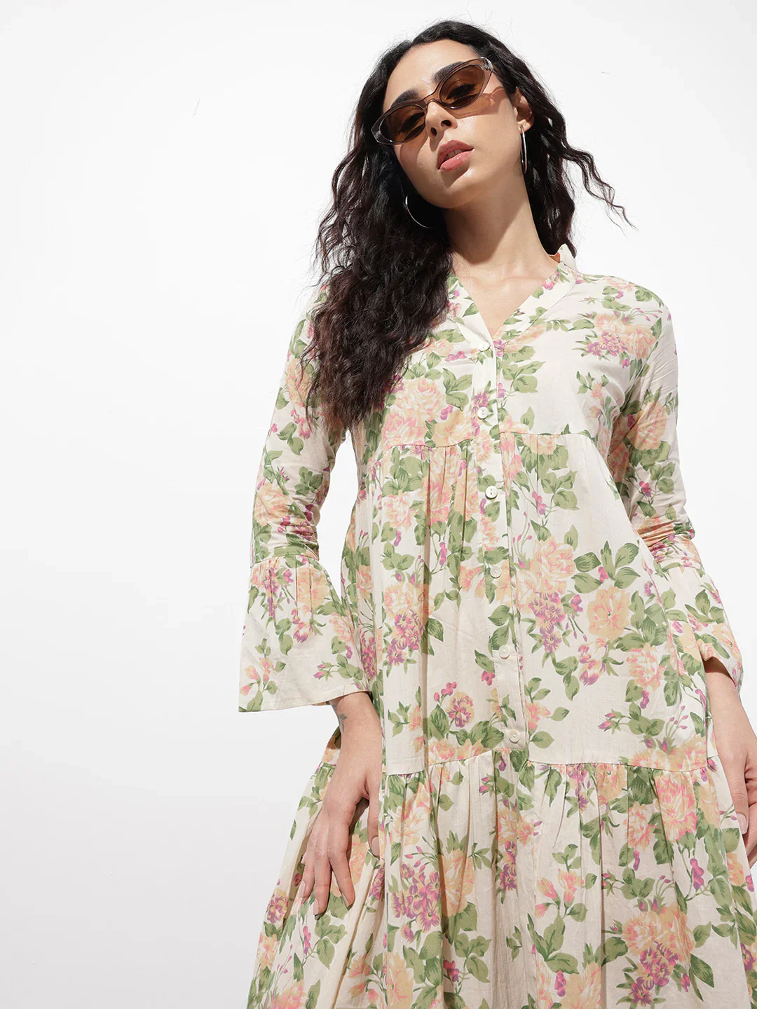 Aravalii Cream Mandarin Coller Floral Print Cotton Midi Dress - Image 6