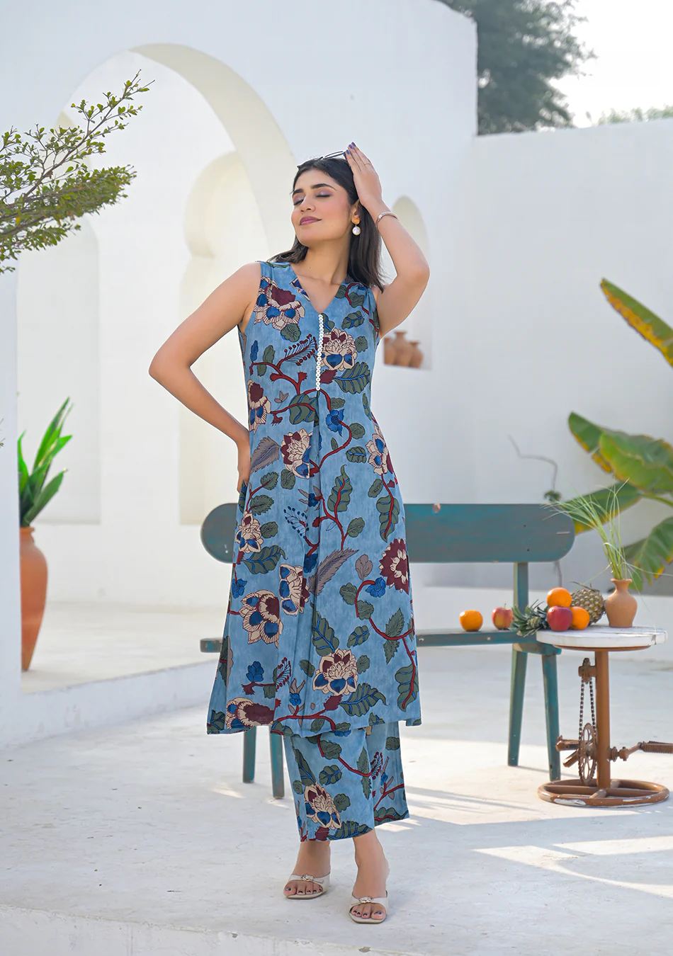 Aravalii Dusty Blue Floral Vine Co-ord Set