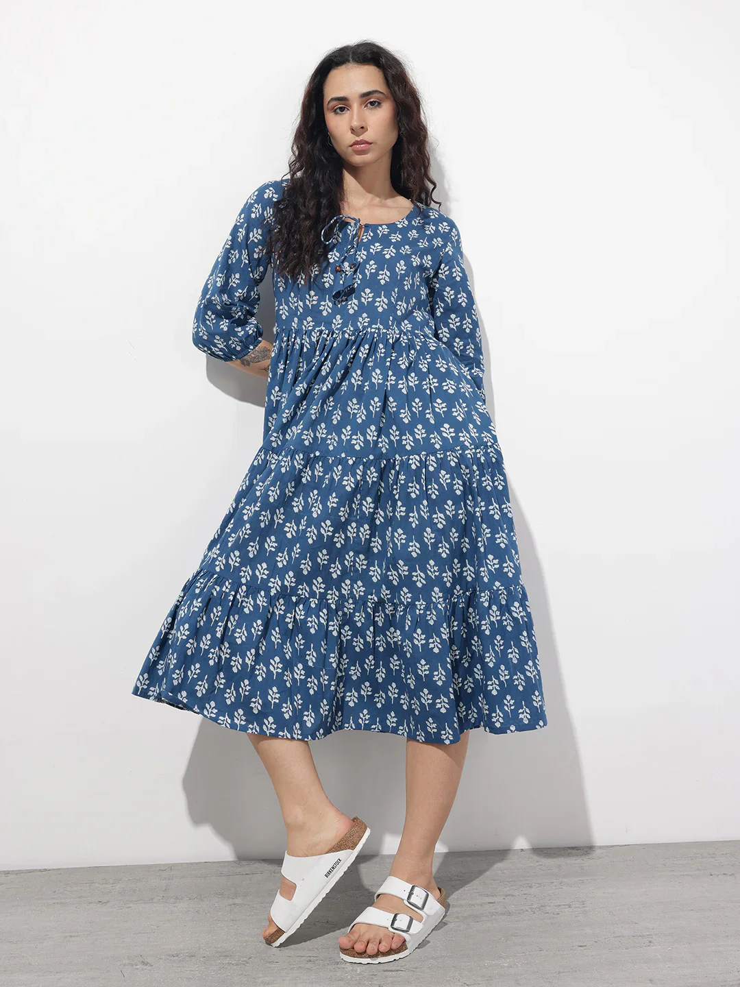 Aravalii indigo Tie-up Neck Flared Cotton Dress