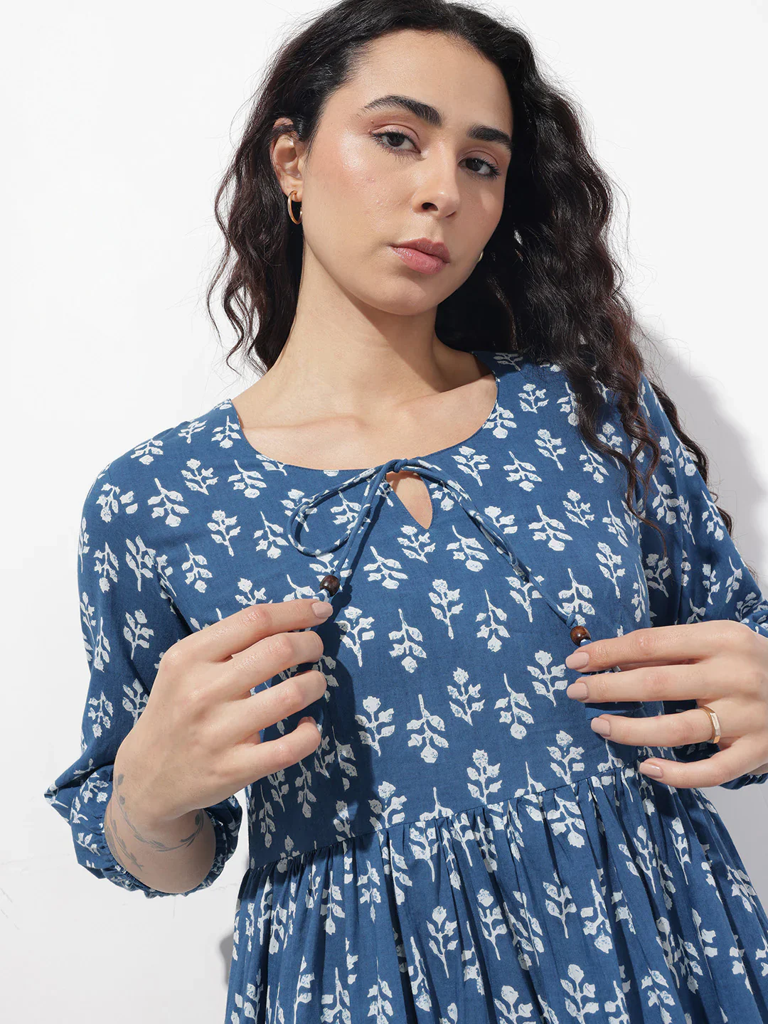 Aravalii indigo Tie-up Neck Flared Cotton Dress - Image 2