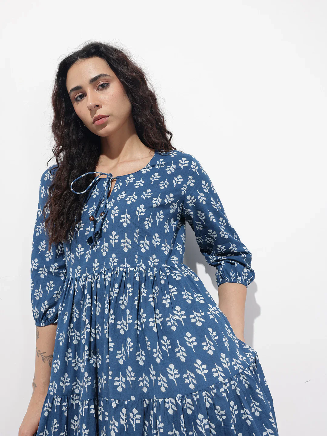 Aravalii indigo Tie-up Neck Flared Cotton Dress - Image 3