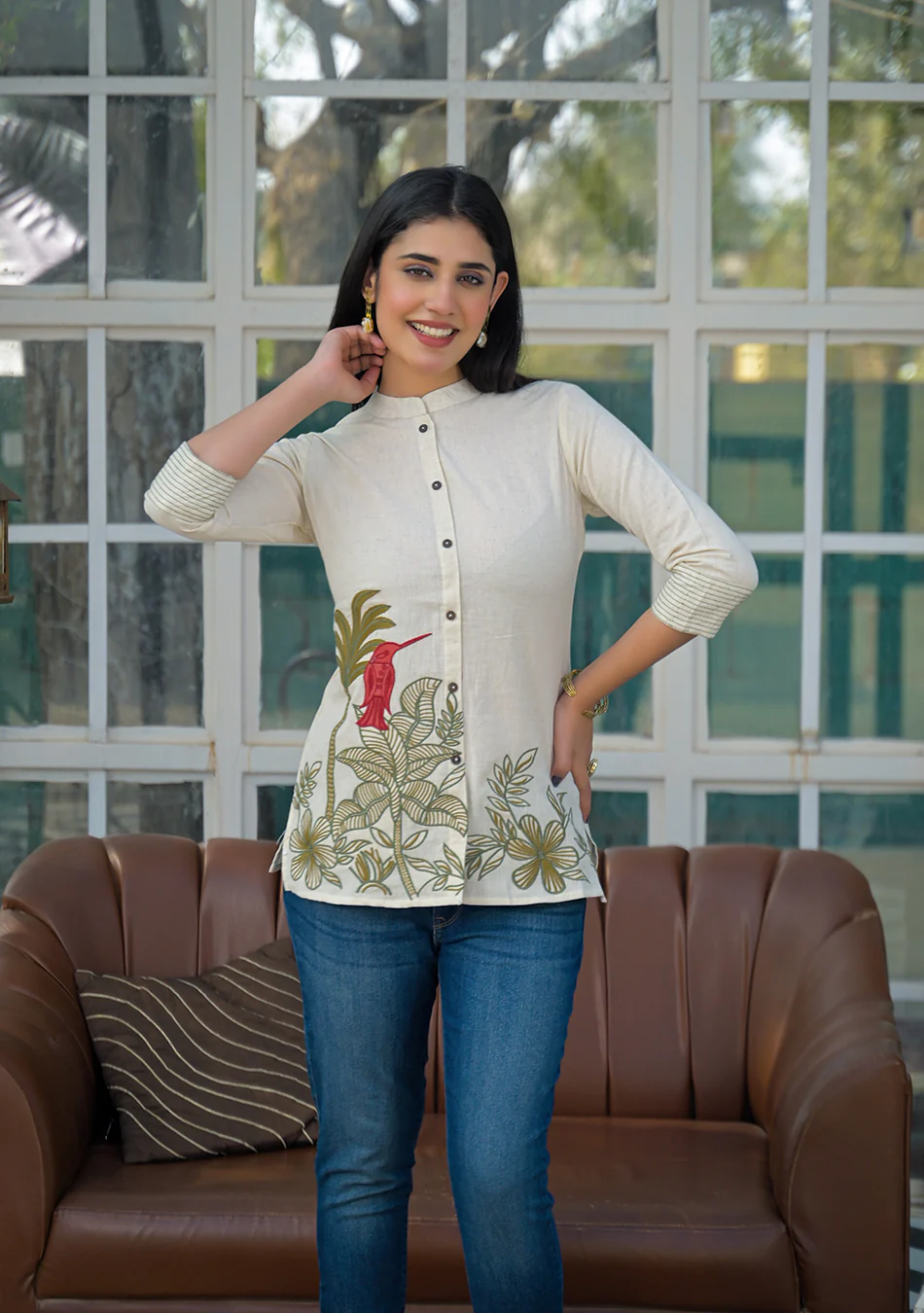 Aravalii Ivory Botanical Bird Embroidered Cotton Flex Top - Image 3
