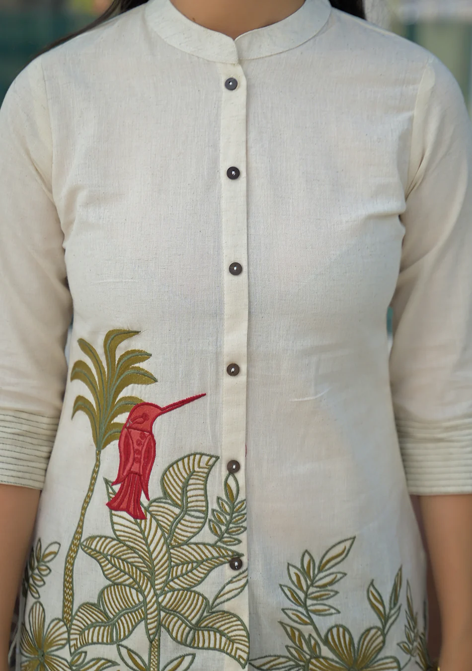 Aravalii Ivory Botanical Bird Embroidered Cotton Flex Top - Image 6