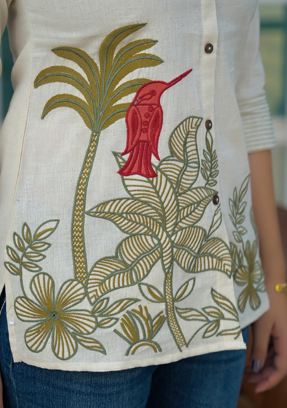 Aravalii Ivory Botanical Bird Embroidered Cotton Flex Top - Image 7