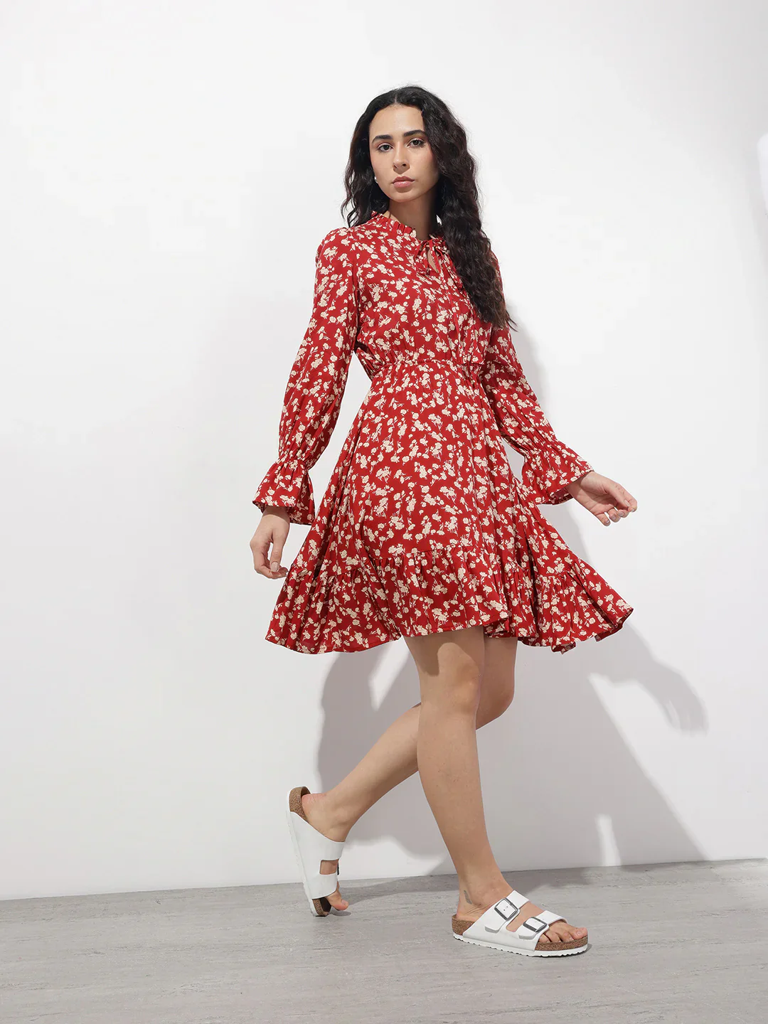 Aravalii Maroon Round Neck Floral Print Rayon Midi Dress - Image 3