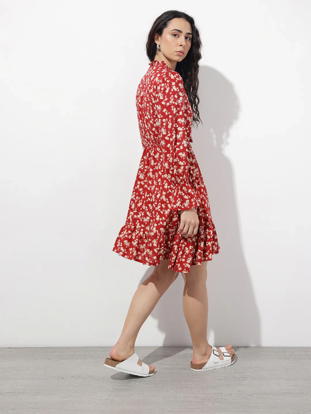 Aravalii Maroon Round Neck Floral Print Rayon Midi Dress - Image 4