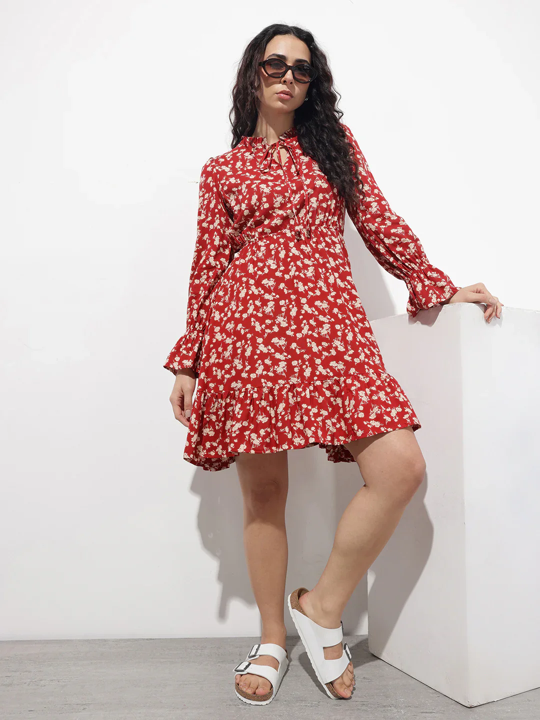 Aravalii Maroon Round Neck Floral Print Rayon Midi Dress - Image 5