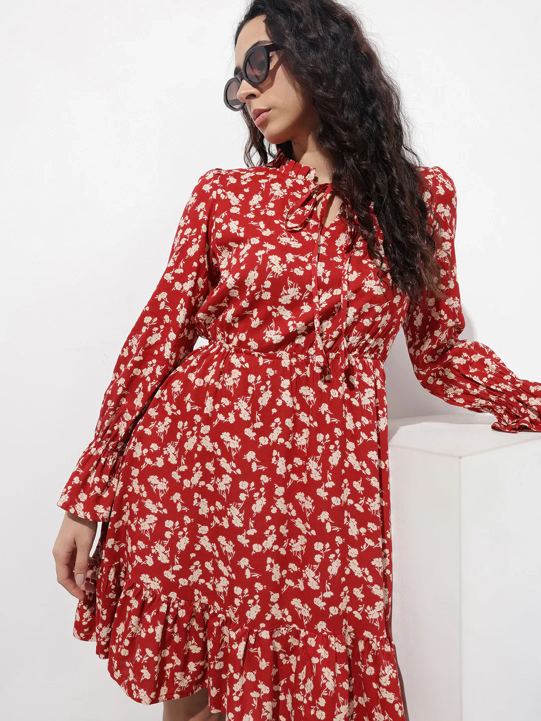 Aravalii Maroon Round Neck Floral Print Rayon Midi Dress - Image 6