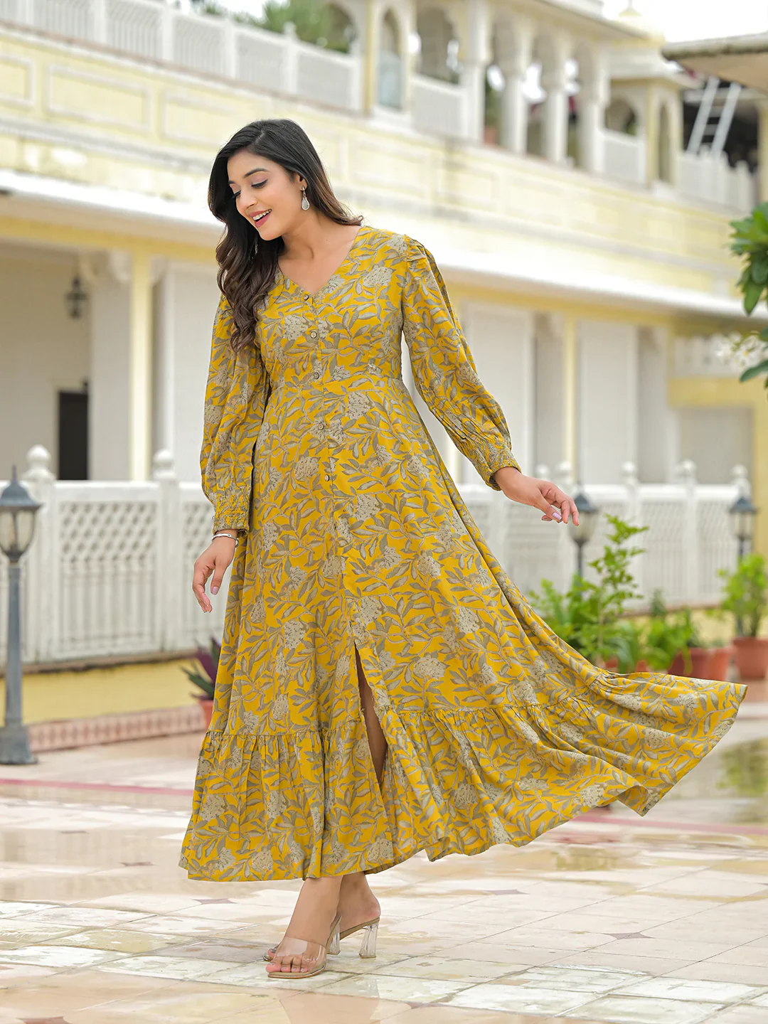 Aravalii Mustard Rayon Flare Dress - Image 2