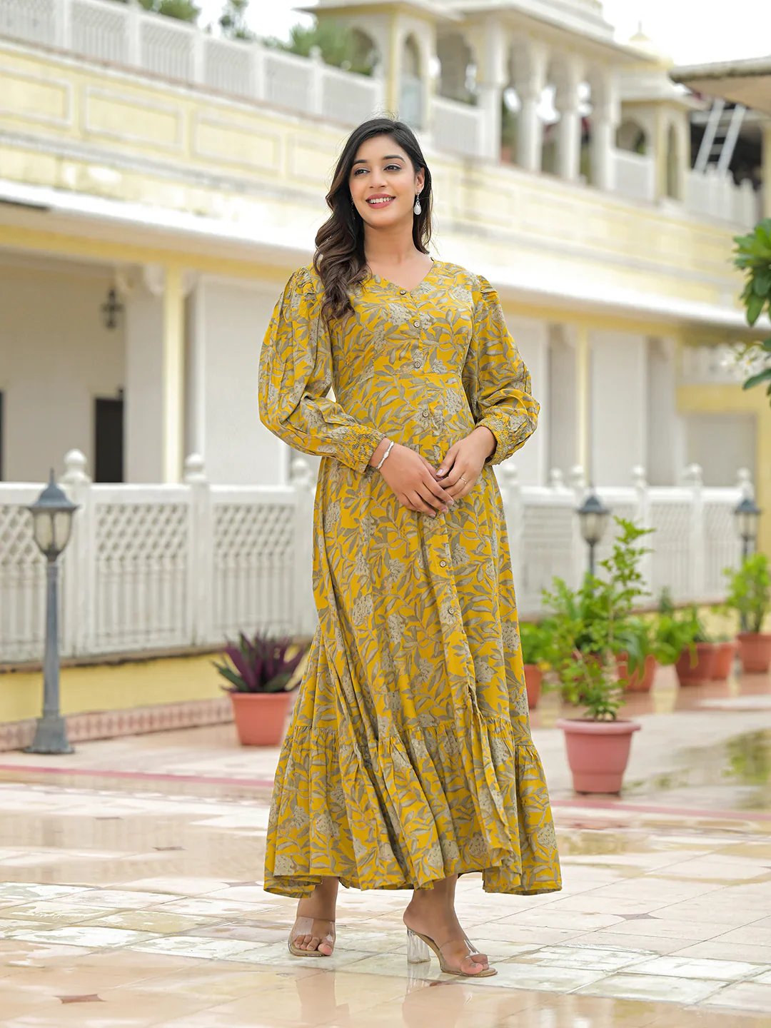 Aravalii Mustard Rayon Flare Dress - Image 6