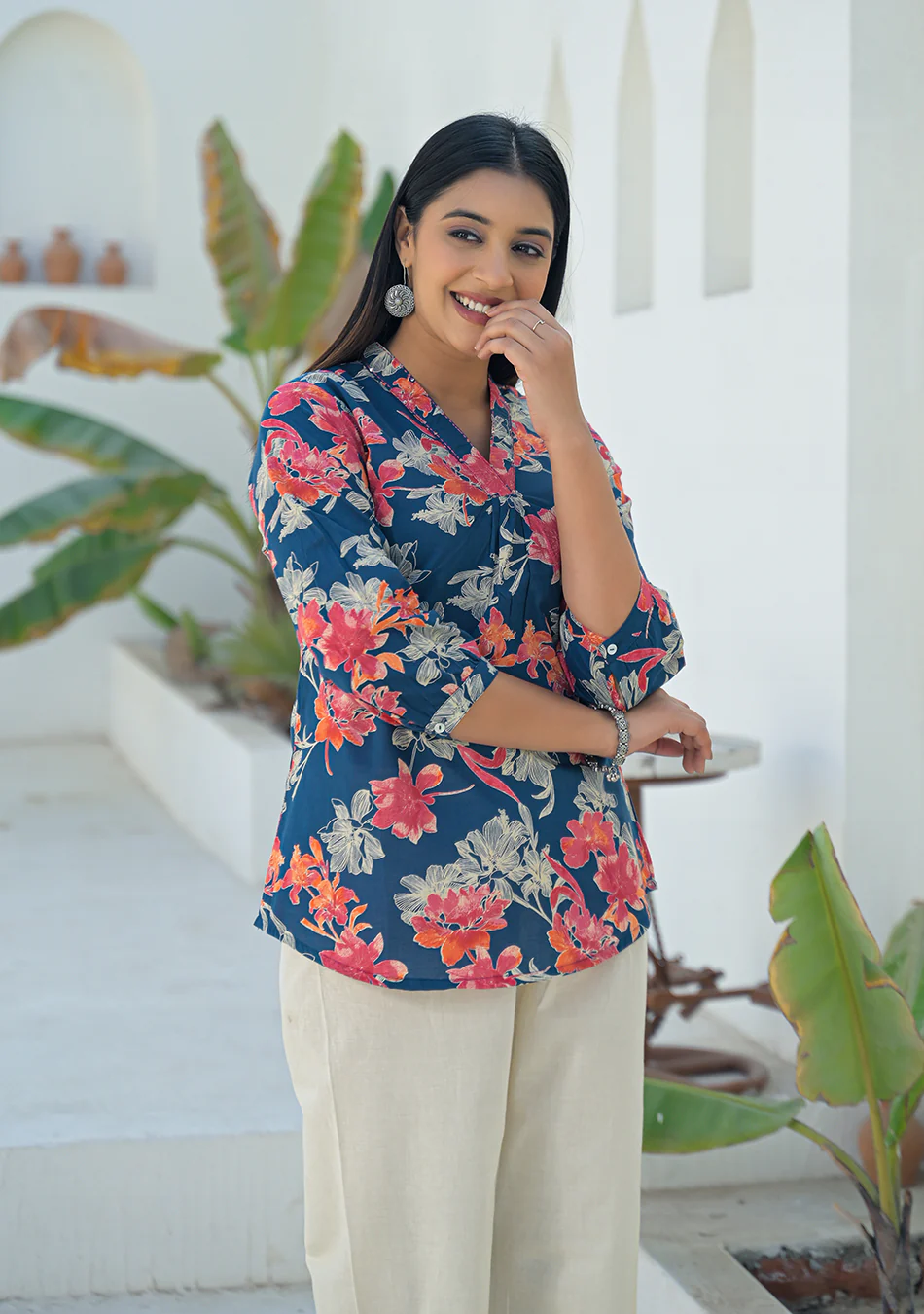 Aravalii Navy Coral Pleated Top - Image 3