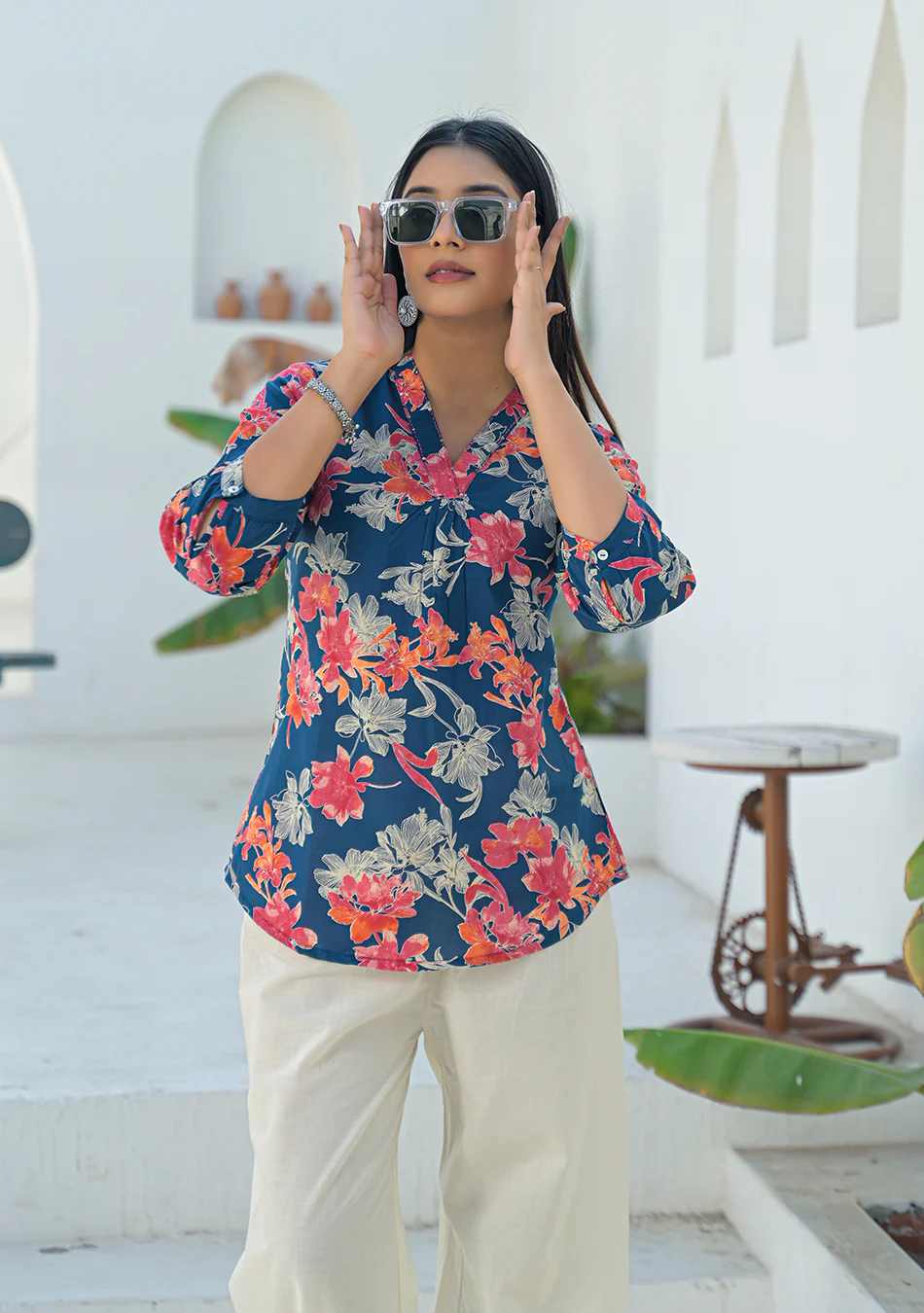 Aravalii Navy Coral Pleated Top - Image 6