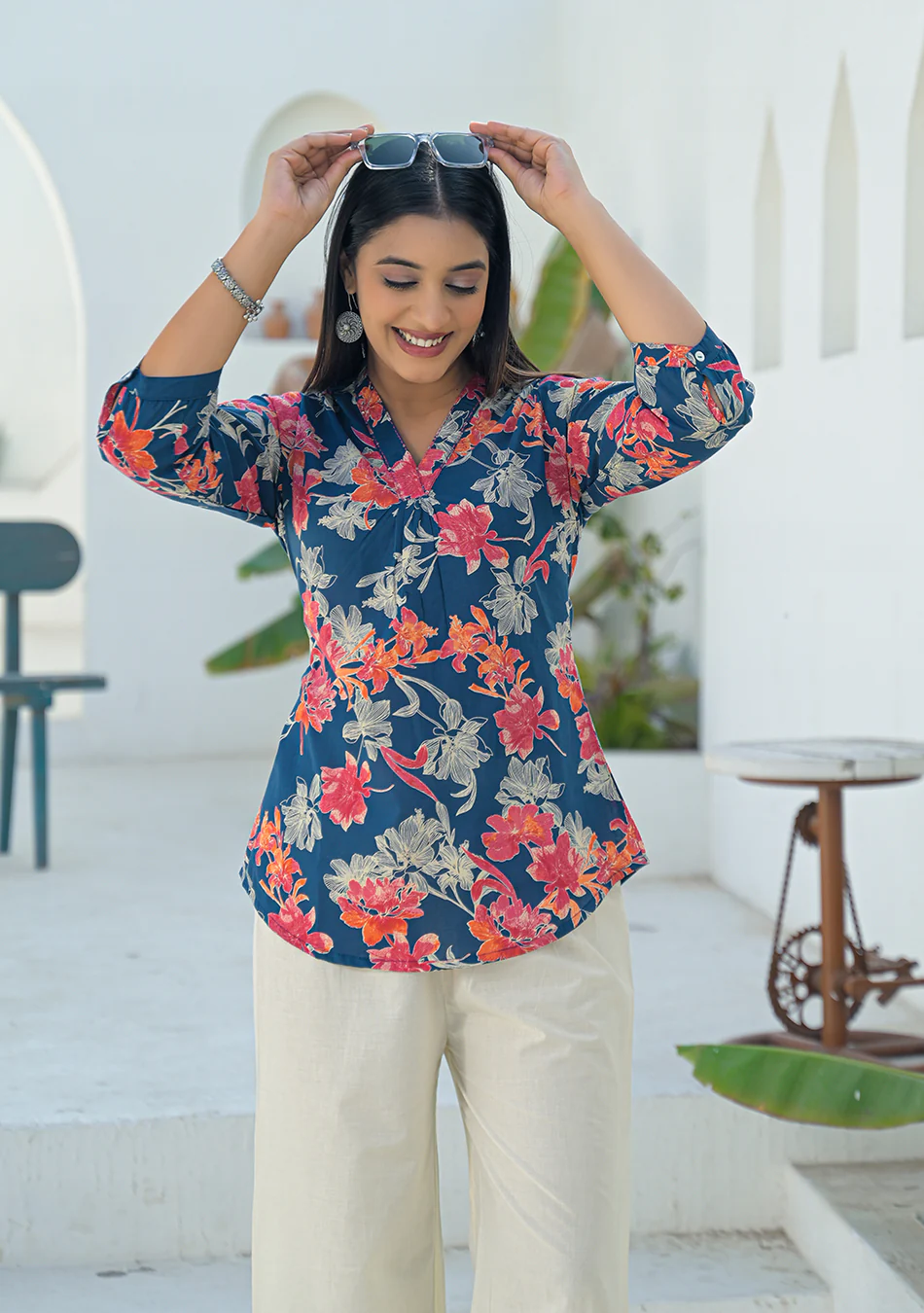 Aravalii Navy Coral Pleated Top - Image 7