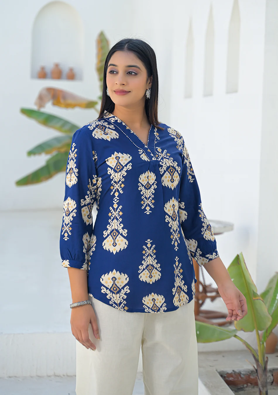 Aravalii Navy Ikkat motif pleated Top