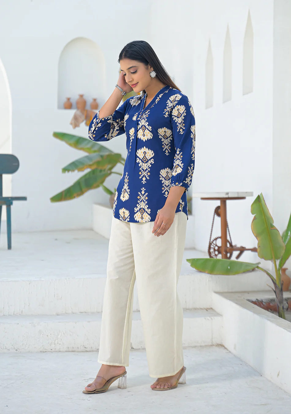 Aravalii Navy Ikkat motif pleated Top - Image 3