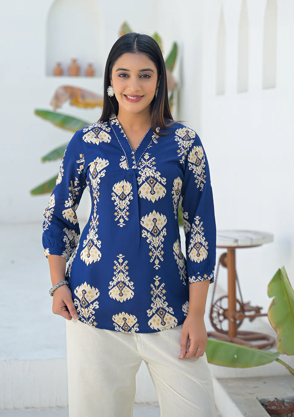 Aravalii Navy Ikkat motif pleated Top - Image 4