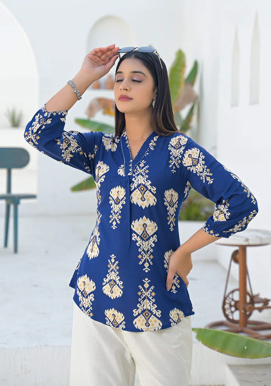Aravalii Navy Ikkat motif pleated Top - Image 8