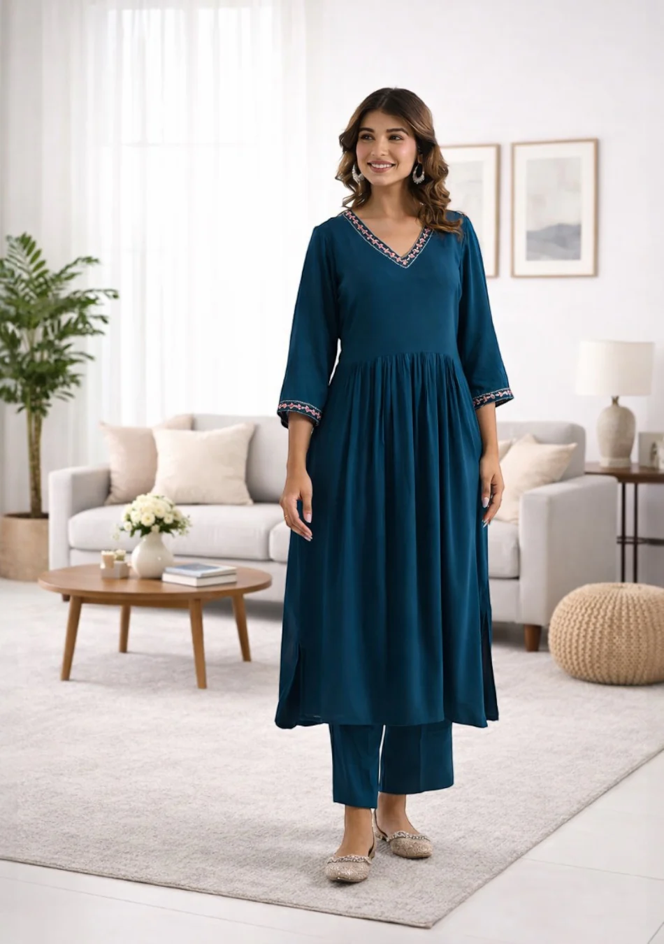 ARAVALII Peacock Blue Gathered Long Kurta Pant Set - Image 2