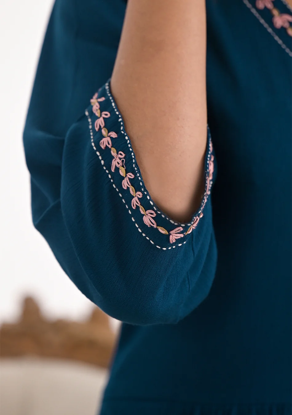 ARAVALII Peacock Blue Gathered Long Kurta Pant Set - Image 3