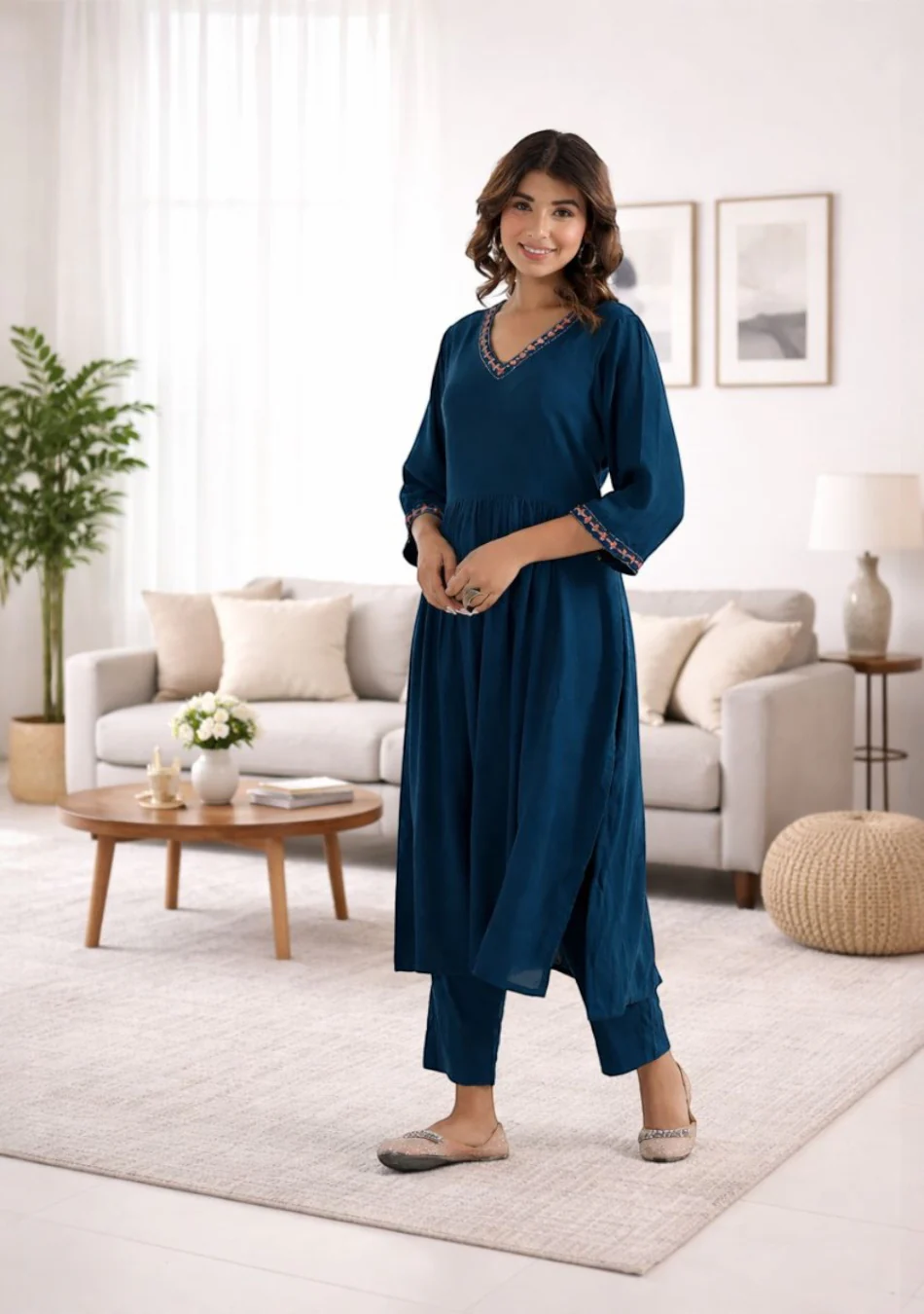 ARAVALII Peacock Blue Gathered Long Kurta Pant Set - Image 5