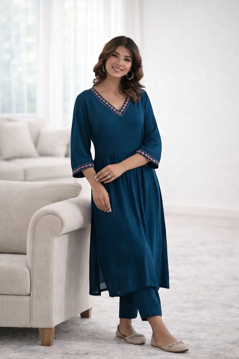 ARAVALII Peacock Blue Gathered Long Kurta Pant Set - Image 7