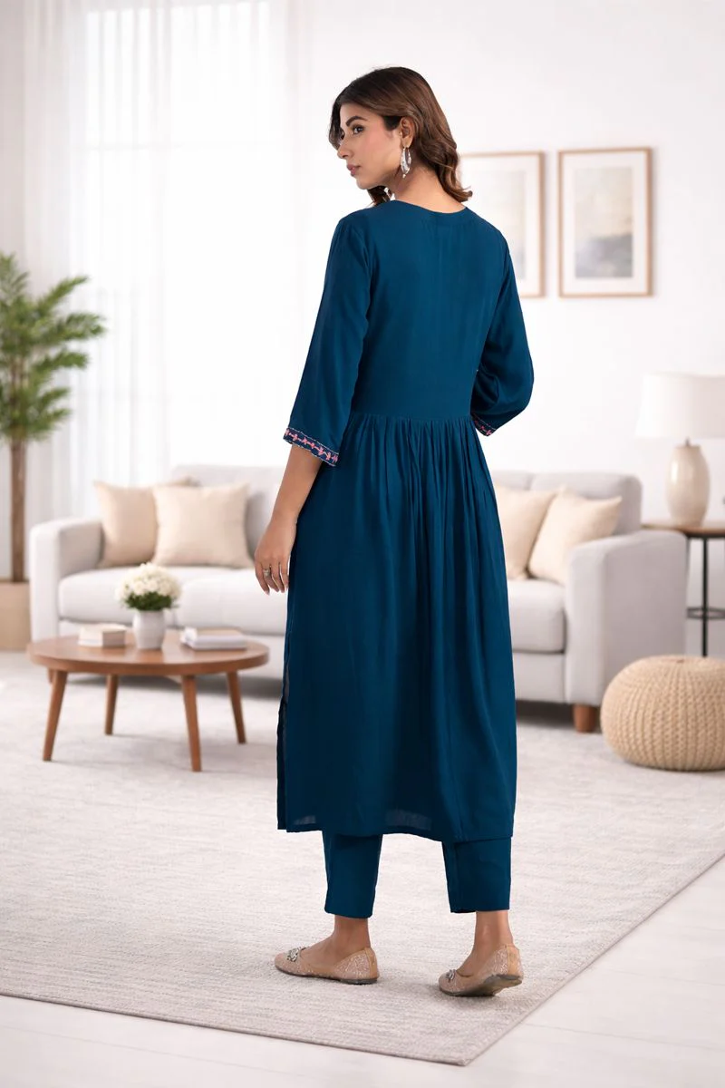 ARAVALII Peacock Blue Gathered Long Kurta Pant Set - Image 9