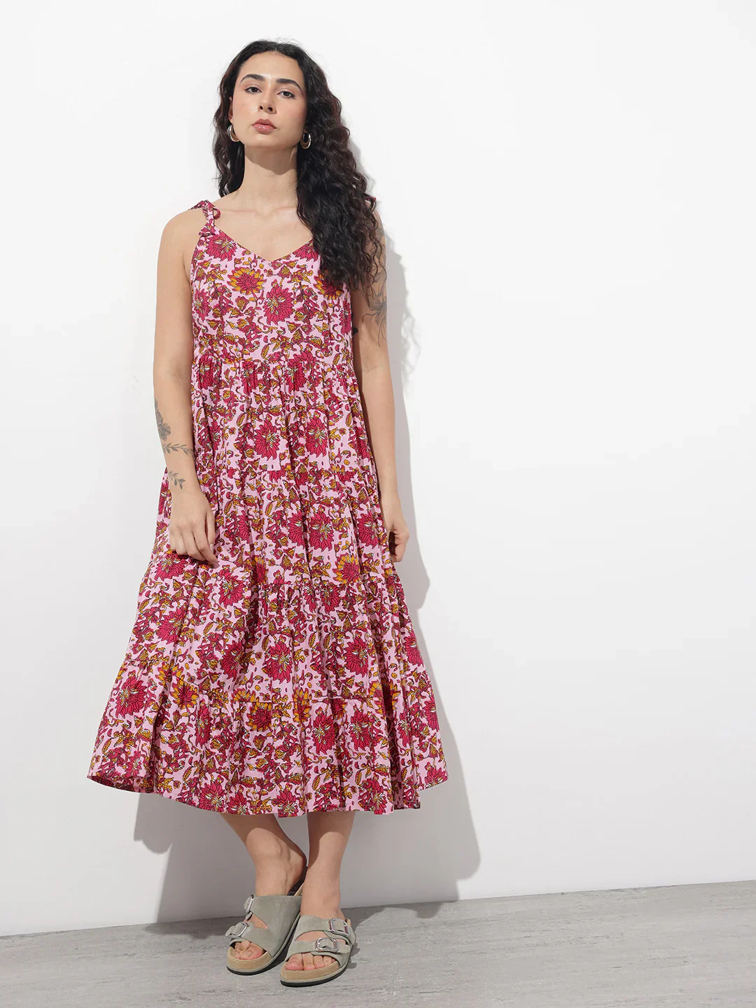 Aravalii Pink Shoulder Strapes Fit & Flared Cotton Dress